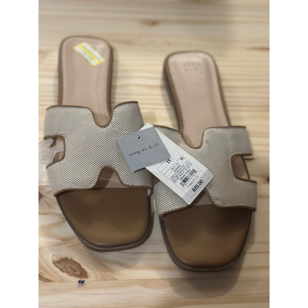 A New Day Womens H Cutout Slide Sandals Cream Tan Flat Slip On Shoes Size 11 NEW